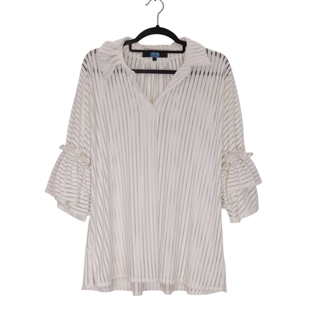 Eva Franco Stripe Frill Trim 3/4 Sleeve V-Neck Top Sheer White Womens Size 6 NWT